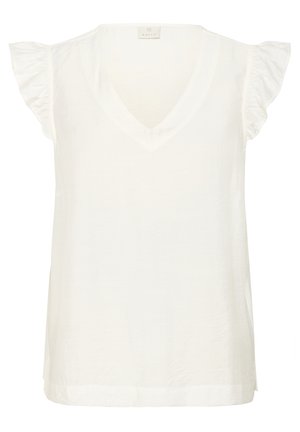 Balta, bez piedurknēm, blūze ar V-veida kakla izgriezumu un plandošiem plecu akcentiem, izgatavota no viegla auduma ar gludu tekstūru.