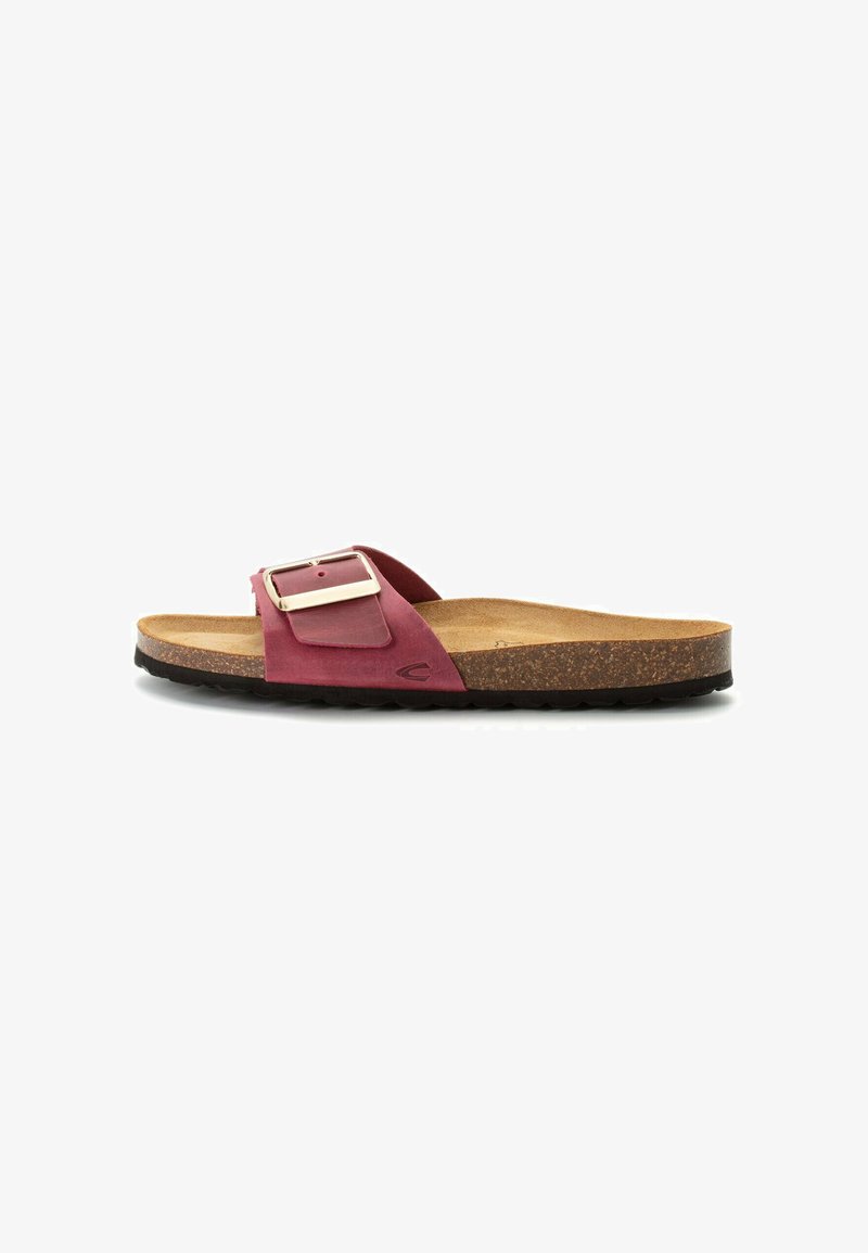 Burgundy slide sandal with a wide strap, silver buckle, cork insole, and textured black rubber outsole.