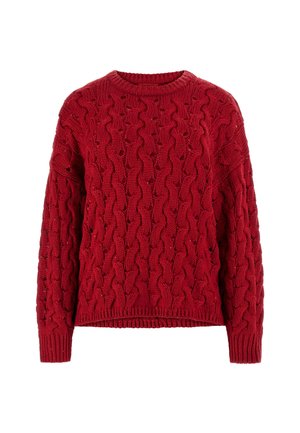 Red knitted sweater featuring a cable knit design, round neckline, and ribbed cuffs and hem. Textured fabric with an intricate pattern.