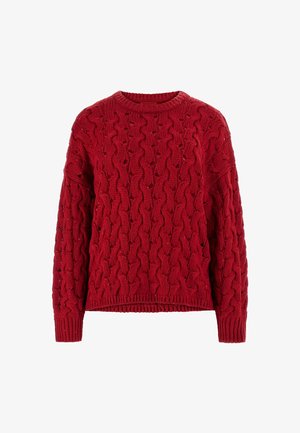 Czerwony sweter z dzianiny o wzorze w warkocze, okrągłym dekolcie oraz prążkowanych mankietach i dole. Teksturowana tkanina z misternym wzorem.