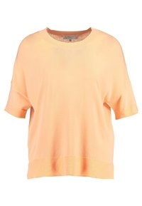 Licht perzikkleurig kortemouwen losse breiselsweater met geribde ronde hals, boorden en zoom, maat small, eenvoudige ontwerp.