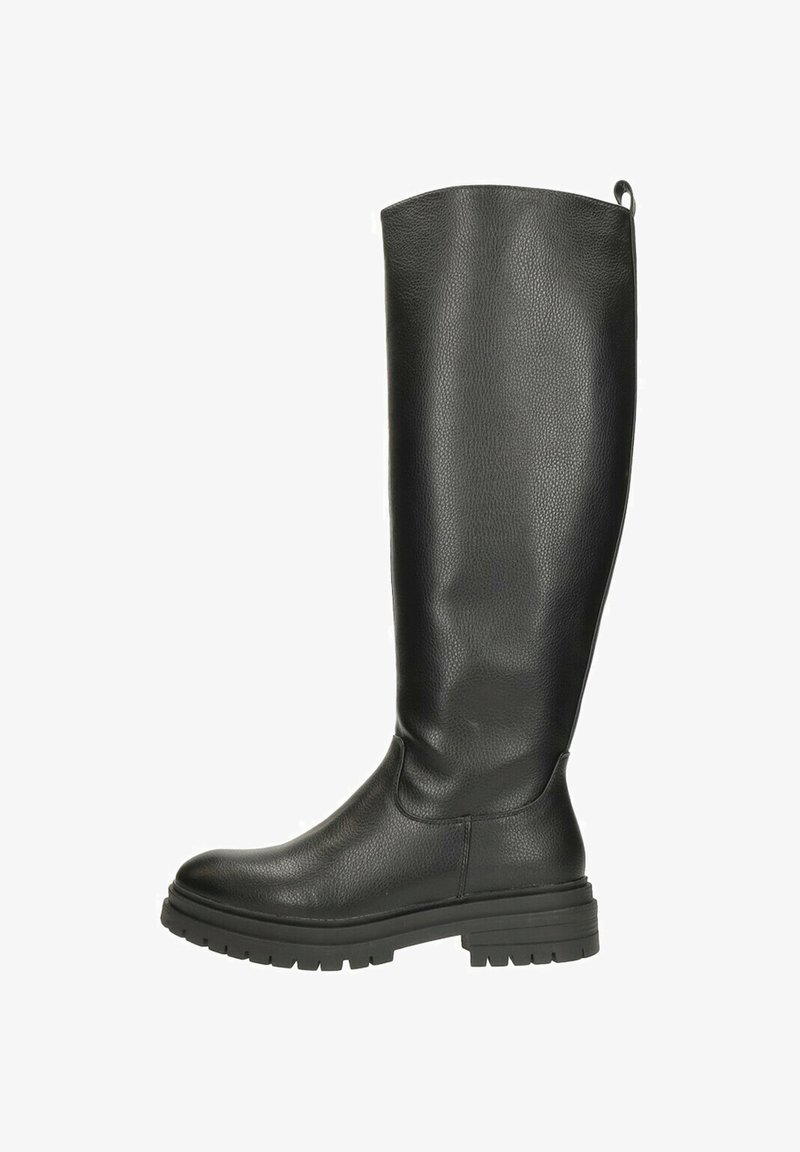 Zwarte kniehoge laars van gestructureerd leer, met een dikke, gegroefde zool en een licht uitlopende bovenkant met een lipje voor gemakkelijke instap.