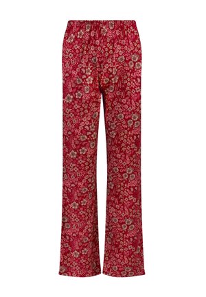Red floral pants with an elastic waistband, featuring a variety of small flower patterns in beige and light brown on a textured fabric.