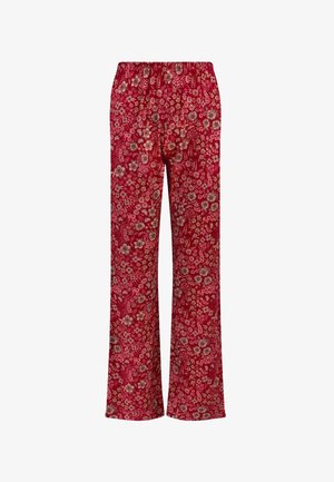 Rode bloemenbroek met een elastische tailleband, versierd met een verscheidenheid aan kleine bloemenpatronen in beige en lichtbruin op een gestructureerde stof.