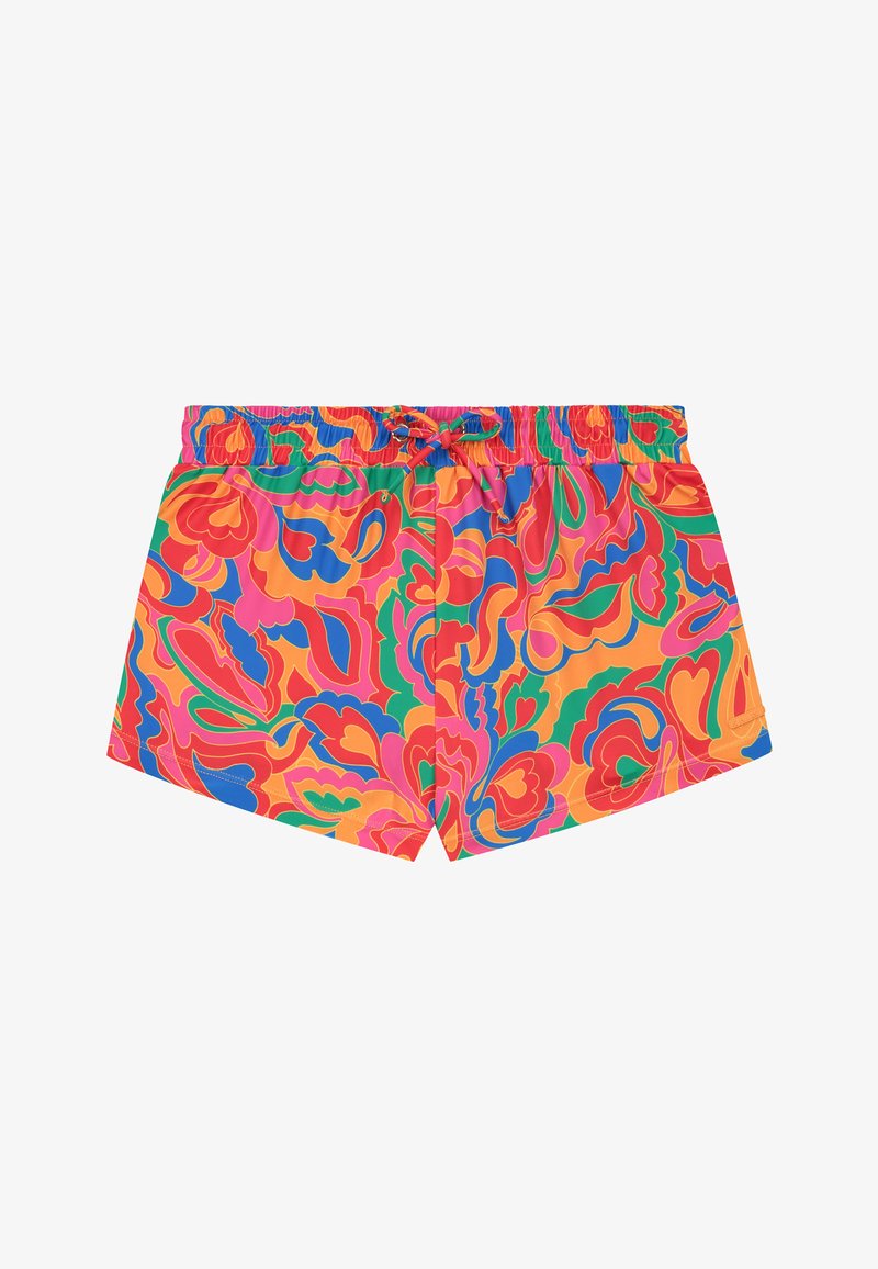 Spalvingi maudymosi šortai su ryškiu gėlių raštu, turinčiu rožinės, oranžinės, žalios ir mėlynos spalvų atspalvių. Elastinga juosta su raišteliu.
