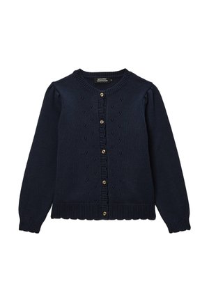 Cardigan tricoté bleu marine pour filles, manches longues, col rond, petit motif ajouré, ourlet festonné et six boutons sur le devant.