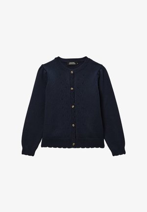 Cardigan tricoté bleu marine pour filles, manches longues, col rond, petit motif ajouré, ourlet festonné et six boutons sur le devant.