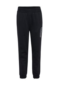 Zwarte sweatpants van zacht materiaal, met een elastische tailleband, ribgebreide boorden en een logo gedrukt op de linker dij.