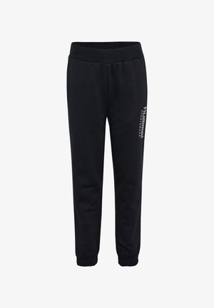 Zwarte sweatpants van zacht materiaal, met een elastische tailleband, ribgebreide boorden en een logo gedrukt op de linker dij.