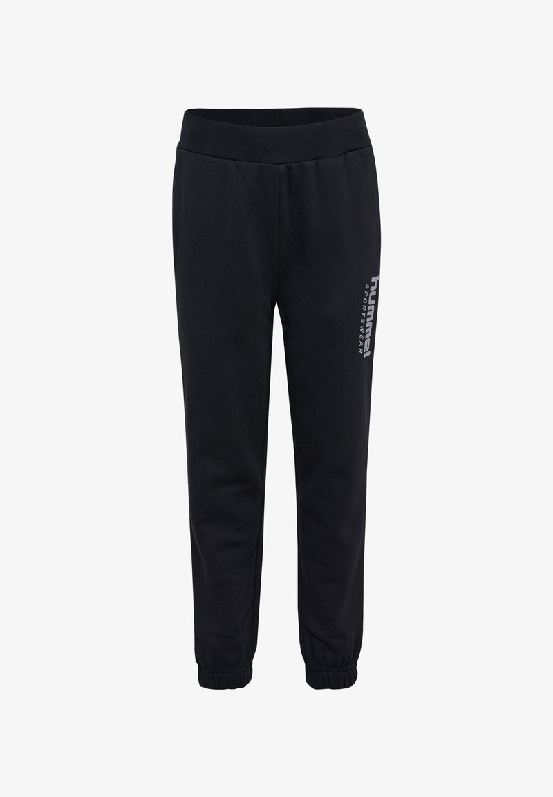 Schwarze Sweatpants aus weichem Stoff mit einem elastischen Bund, gerippten Bündchen und einem Logo, das auf dem linken Oberschenkel aufgedruckt ist.