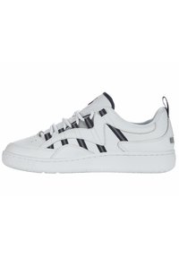 White athletic sneaker with black stripes, perforated sides, and textured sole. Features lace-up design and padded collar for comfort.