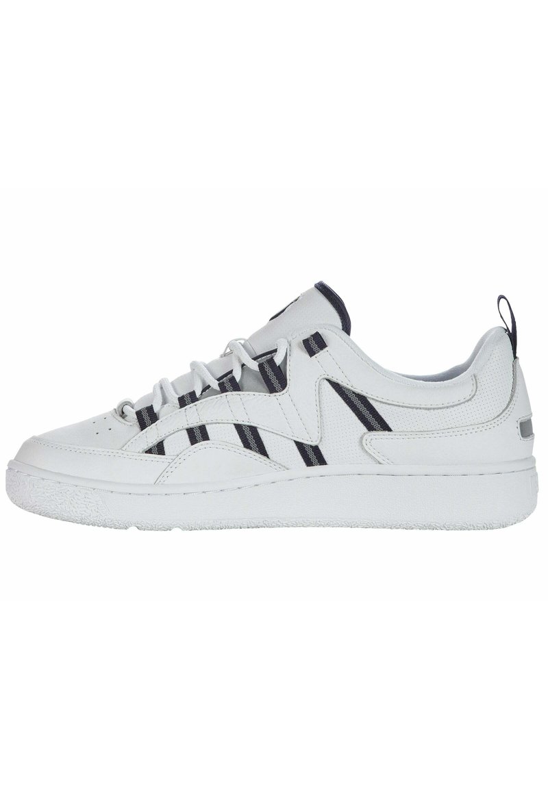 White athletic sneaker with black stripes, perforated sides, and textured sole. Features lace-up design and padded collar for comfort.