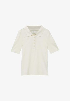 Kremowa koszulka polo z krótkim rękawem, płaskim kołnierzykiem i pięcioma guzikami z przodu, wykonana z miękkiego, lekkiego materiału.