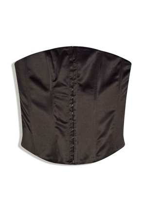 Black satin strapless corset top with front hook-and-eye closures and vertical seam detailing.