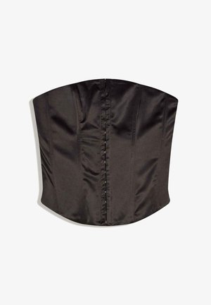 Crni satenasti korsetski top bez naramenica s kopčanjem sprijeda na kukice i okice te s vertikalnim šavnim detaljima.