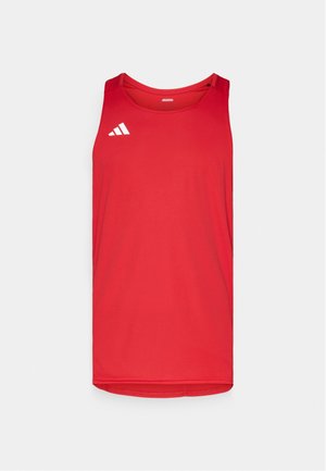 Débardeur de sport rouge avec un col rond et sans manches. Fabriqué en tissu léger, il présente un logo Adidas blanc sur le coin supérieur gauche.