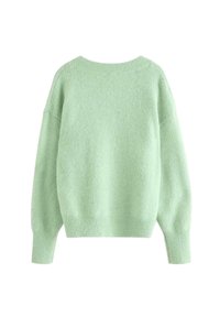 Minttuvihreä villapaita, jossa on pehmeä ja teksturoitu pinta. Pyöreä kaula-aukko, laskeutuneet hihat sekä resorireunat käsissä ja helmassa. Yksinkertainen, rento muotoilu.