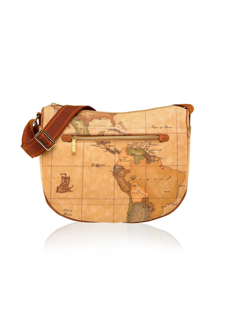 Borsa marrone e beige con design di mappa del mondo, dotata di una cerniera color oro, di una tracolla regolabile e di una texture liscia.