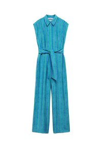 Tuta senza maniche blu con strisce verticali verdi e bianche, colletto a punta, vita con cintura e pantaloni a gamba larga.