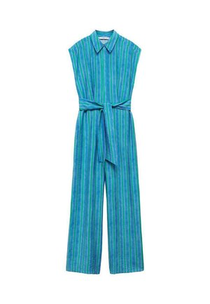 Ærmeløs blå jumpsuit med grønne og hvide lodrette striber, spidse krave, belagt talje og brede bukser.