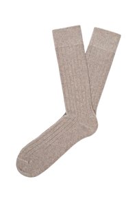 Beige gestreifte Socken aus einem weichen Material, mit verstärktem Fersen- und Zehenbereich, glatter Textur und subtilen Farbvariationen.