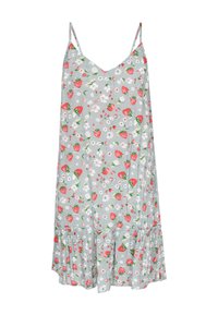 Abito grigio chiaro con stampa di fragole e fiori. Spalline sottili, scollo a V e orlo arricciato sul fondo. Tessuto morbido.