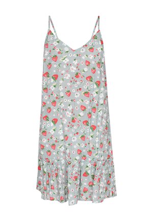 Svijetlosiva haljina s uzorkom jagoda i cvjetova. Spaghetti naramenice, V-izrez i volanasti rub na dnu. Mekana tekstura tkanine.