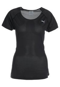 Black athletic t-shirt made of breathable, lightweight mesh fabric. Features short sleeves, round neck, and a small logo on the chest.
