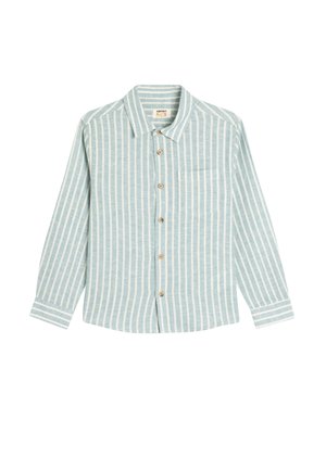 Camicia a maniche lunghe a righe blu chiaro con colletto, bottoni in legno e tasca. Rigature orizzontali e verticali di diverse larghezze.