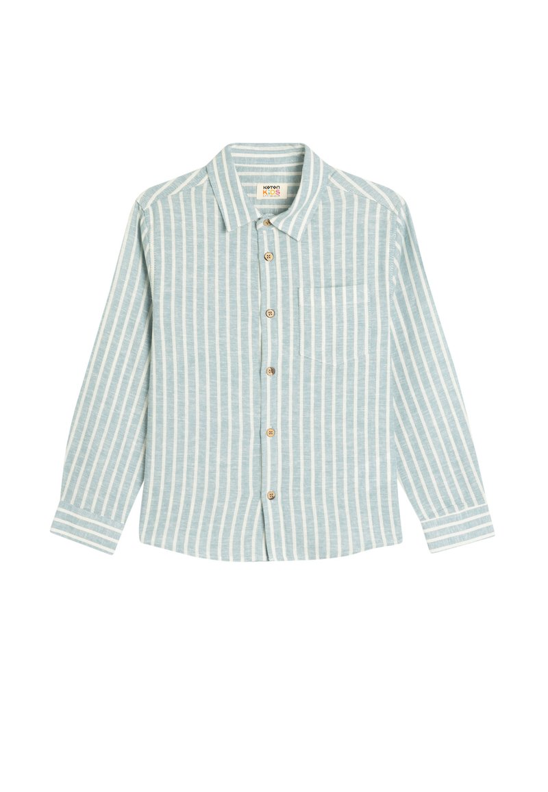 Camicia a maniche lunghe a righe blu chiaro con colletto, bottoni in legno e tasca. Rigature orizzontali e verticali di diverse larghezze.