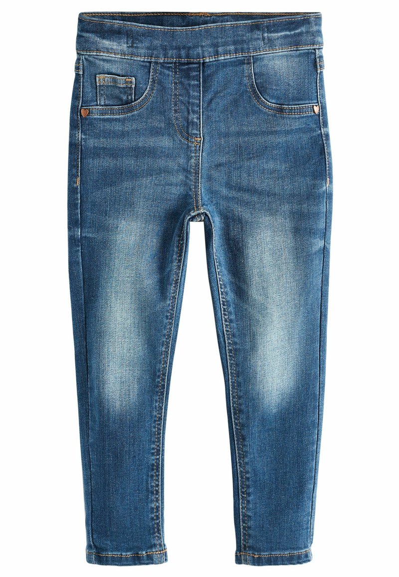 Sötétkék farmernadrág, elhalványult mintával. Öt zseb, övhurkok és kontrasztos varrás jellemzi. Slim-fit, közepes derékvonalú stílus.