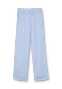 Pantalones de pijama azul claro hechos de una tela suave, con cinturilla elástica, detalle de cordón y dos bolsillos laterales. Diseño de corte holgado.