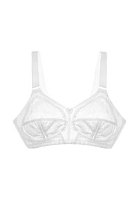 Biały koronkowy stanik z kwiatowymi wzorami, miękka tkanina, przezroczyste kwiatowe miseczki, regulowane ramiączka i akcent w postaci centralnej kokardki. Trójkątny kształt i szczegółowe krawędzie.