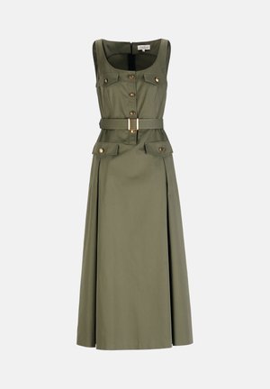 Sleeveless olive green midi dress with square neckline, front buttons, belt with buckle, and buttoned flap pockets at bust and hips.