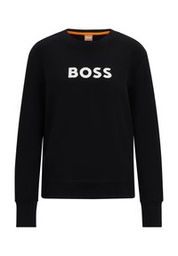 Černá mikina vyrobená z bavlny s dlouhými rukávy, s žebrovaným výstřihem a manžetami. Na přední straně je vytištěné slovo "BOSS" tučnými bílými písmeny.
