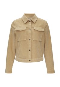 Tans kleurige corduroy jas met een kraag, twee voorzakken, drukknoopsluiting en een cropped lengte met lange mouwen.