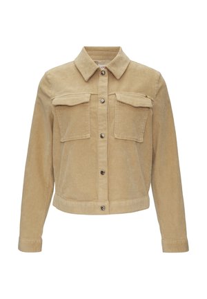 Tans kleurige corduroy jas met een kraag, twee voorzakken, drukknoopsluiting en een cropped lengte met lange mouwen.