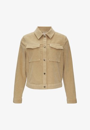 Tans kleurige corduroy jas met een kraag, twee voorzakken, drukknoopsluiting en een cropped lengte met lange mouwen.