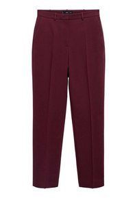 Burgundské kalhoty se zavazováním v pase, bočními kapsami a slim fit střihem, vystavené na bílem pozadí.