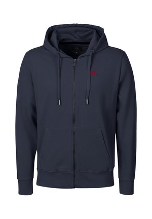 Marineblauwe hoodie met rits, voorzakken, trekkoord in de capuchon en een klein rood logo op de linkerborst.