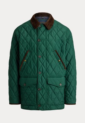 Veste matelassée verte avec col en velours côtelé marron et garnitures de poches, fermeture à boutons et deux poches à rabat à l'avant.