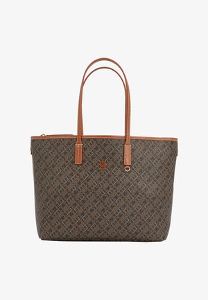 Bruine tas met patroon en leren accenten, voorzien van dubbele handvatten en een ritssluiting, met een logo aan de voorkant.