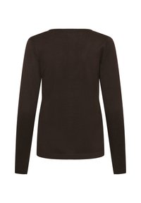 Pull à manches longues col rond marron foncé avec une silhouette ajustée, vu de dos sur fond blanc.