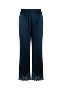 Navy blauwe satijnen broek met een elastische tailleband en kantafwerking aan de uiteinden van de flared hem, voorzien van een chevronpatroon op de kanten accenten.