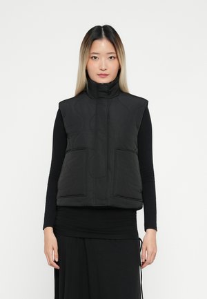 Jonge vrouw met steil ombre haar, gekleed in een zwarte gewatteerde mouwloze vest over een zwart langemouwen top en rok, staande tegen een witte achtergrond.