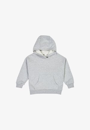 Gray cotton hoodie with a front kangaroo pocket, ribbed cuffs, and hem, featuring a lined hood and soft interior for warmth.