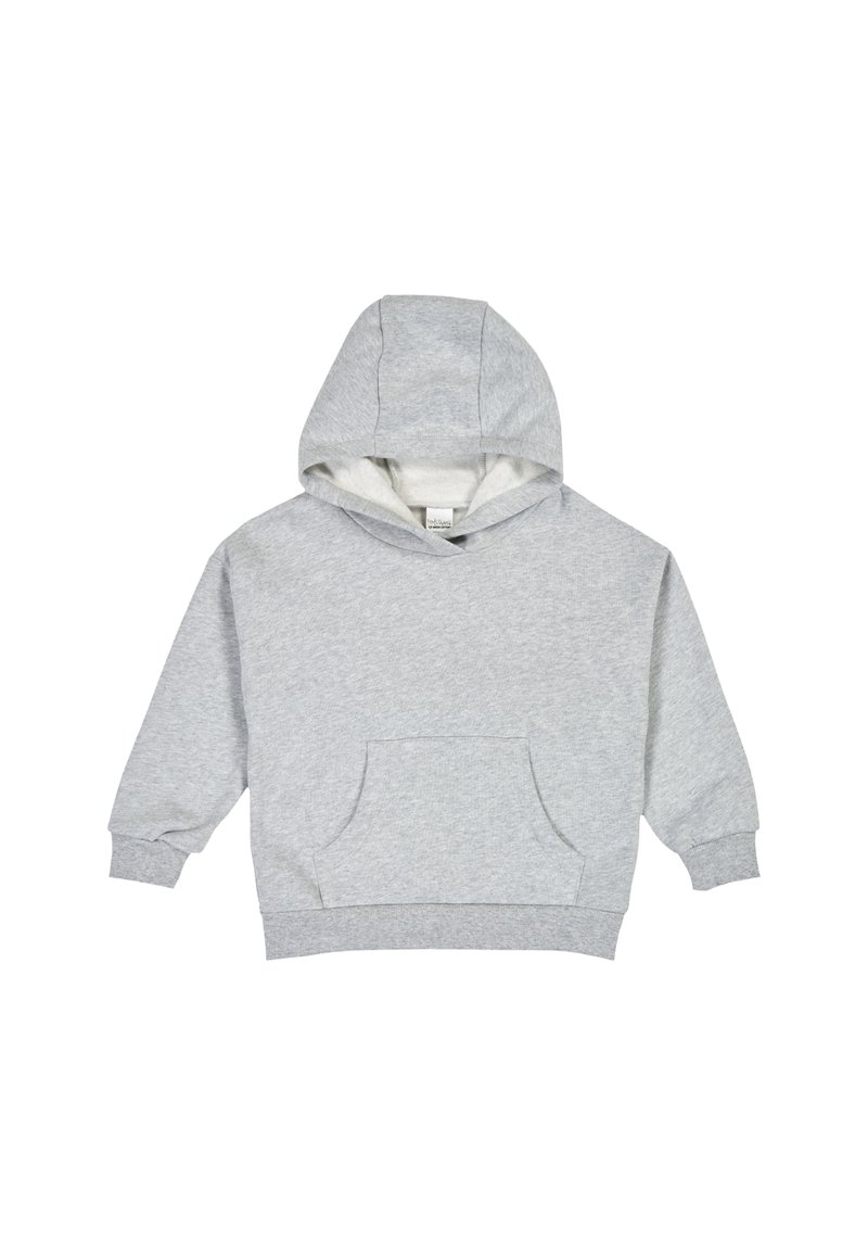 Szara bawełniana bluza z kapturem, z przednią kieszenią typu kangur, ściągaczami przy rękawach i na dole, z podszewką w kapturze i miękkim wnętrzem dla zapewnienia ciepła.