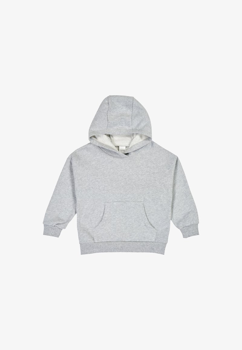 Szara bawełniana bluza z kapturem, z przednią kieszenią typu kangur, ściągaczami przy rękawach i na dole, z podszewką w kapturze i miękkim wnętrzem dla zapewnienia ciepła.