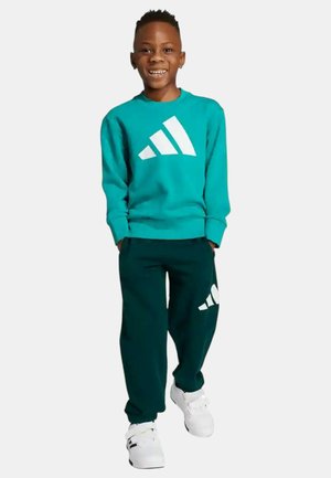 Niño sonriente de pie con las manos en los bolsillos, vistiendo un suéter azul verdoso y pantalones deportivos verde oscuro con logos blancos y zapatillas blancas.