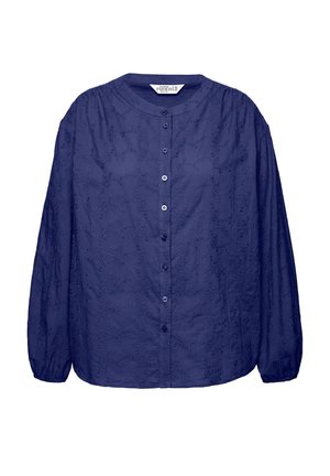 Marineblauwe blouse met een ronde kraag, lange mouwen, knoopsluiting en een getextureerd bloemmotief over het geheel. Lichtgewicht stof.